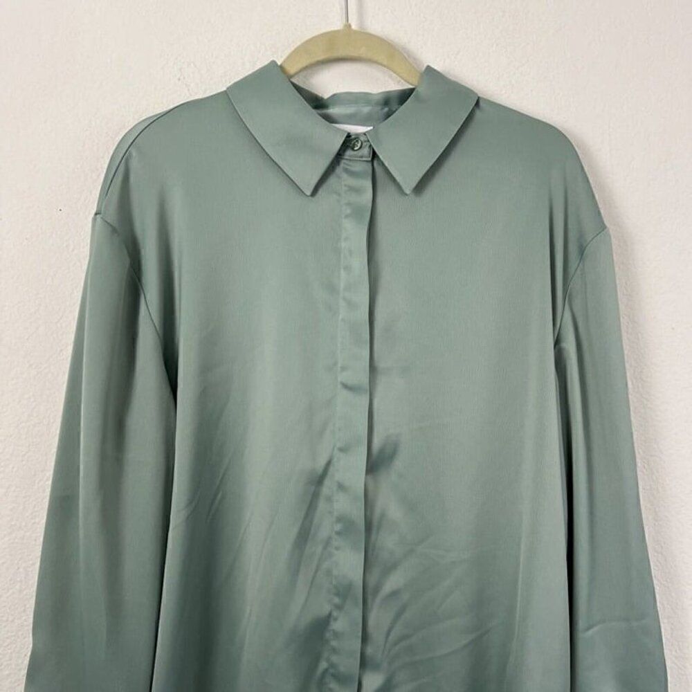 House of Harlow 1960 Revolve Women Blue Green Satin long Sleeve Mini Shirt Dress - Picture 7 of 12